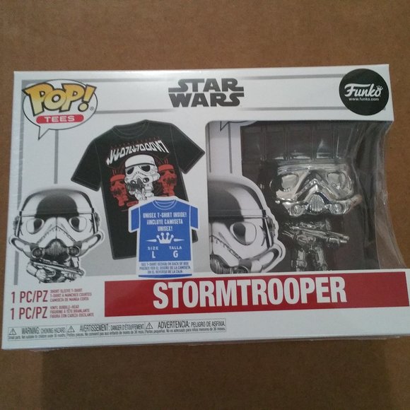 Star Wars Stormtrooper Metallic Pop! Vinyl Figure with Adult Black Pop! T-Shirt - Picture 1 of 11